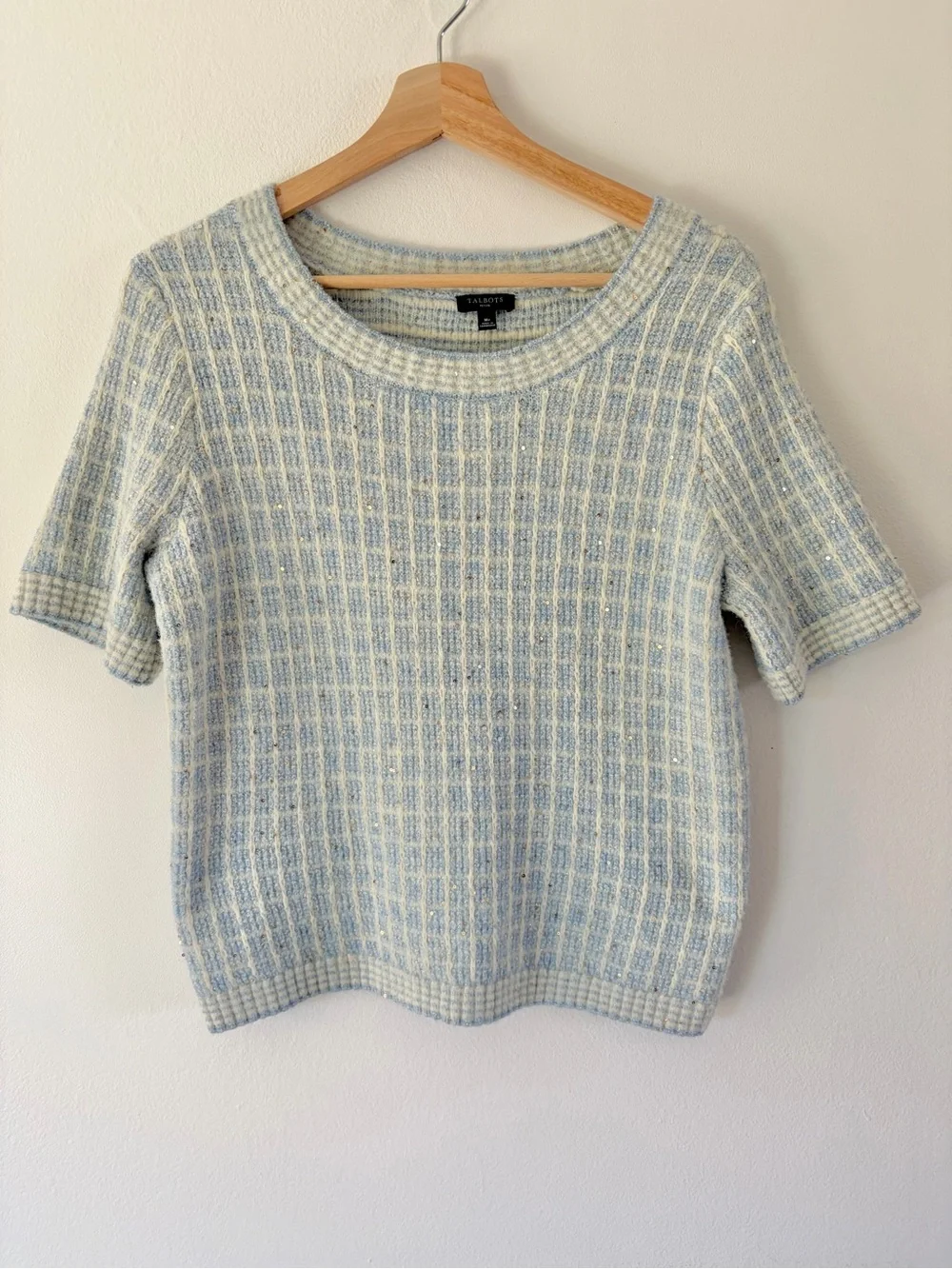 Talbots Blue Plaid SequiTalbots Light Blue & Cream Textured Short Sleeve Sweater